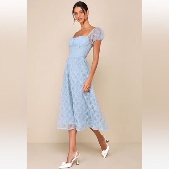 LULUS  EXCEEDINGLY ELEGANT BLUE FLORAL APPLIQUÉ BUSTIER MIDI DRESS SZ L NWT - Picture 3 of 17